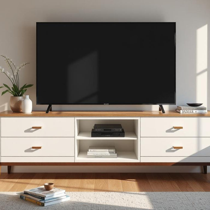 Modern living room with flat screen TV on wooden TV stand, indoor plant, and natural light