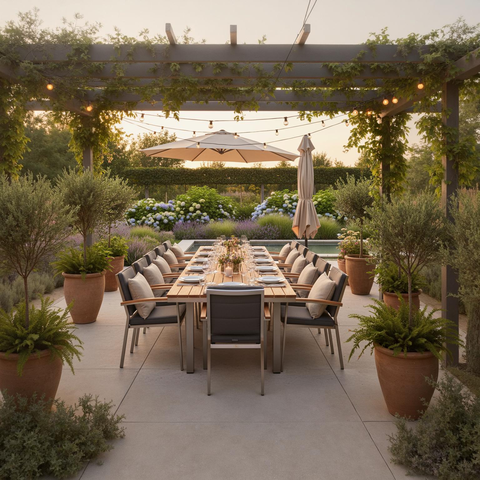 Outdoor dining area with wooden table, cushioned chairs, pergola, and garden plants at sunset