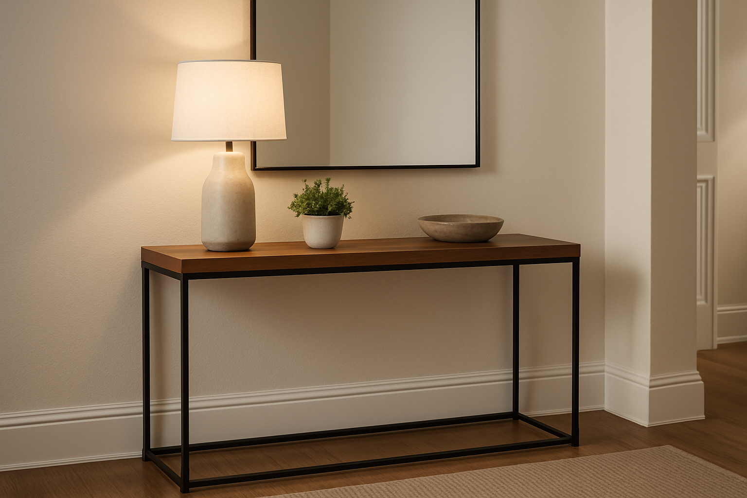 Modern hall console table with black metal frame, table lamp, plant, bowl, and wall mirror