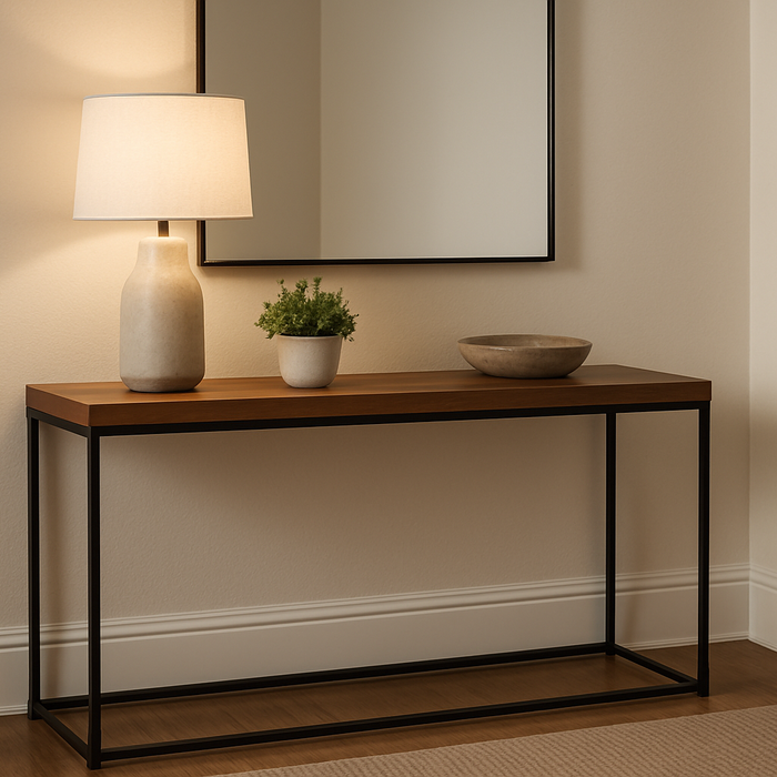 Modern hall console table with black metal frame, table lamp, plant, bowl, and wall mirror