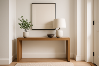 Modern wooden hall table with potted plant, ceramic lamp, bowl, and minimalist decor