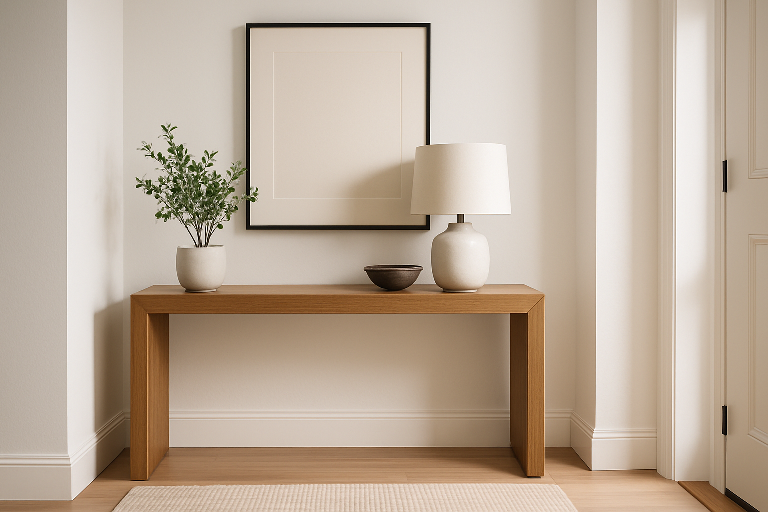 Modern wooden hall table with potted plant, ceramic lamp, bowl, and minimalist decor