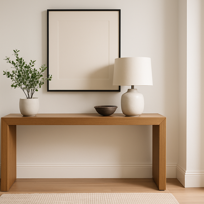Modern wooden hall table with potted plant, ceramic lamp, bowl, and minimalist decor