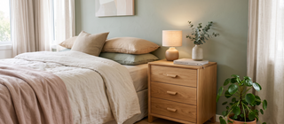 Three drawer bedside table with a lamp beside a bed in a calm, elegant bedroom