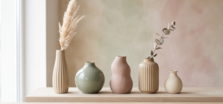 Range of ceramic vases in soft shapes on a pastel backdrop.