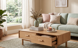 Coffee table with drawers styled with books and a vase in a calm, elegant living room.