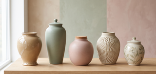 Range of decorative jars in elegant shapes on a pastel backdrop.