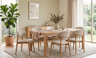 Dining set of six chairs around a table in a calm, elegant dining room.