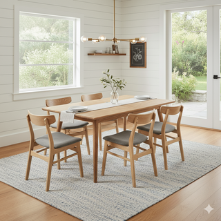 Modern dining room with wooden table, six chairs, neutral decor, and natural lighting