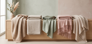 Range of luxury throws in plush fabrics on a pastel backdrop.