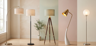 Range of modern floor lamps in different styles on a pastel backdrop.