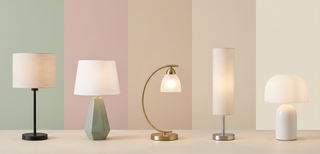 Range of modern table lamps in different styles on a pastel backdrop.