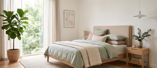 Spacious king size bed dressed in pastel linen in a calm, elegant bedroom.