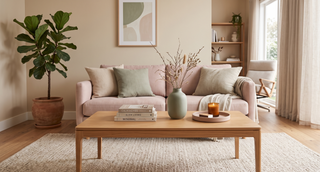 Rectangular coffee table styled with books and a vase in a calm, elegant living room.