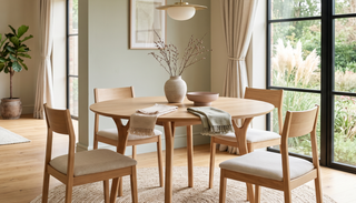 Round dining table styled with a vase in a calm, elegant dining room.