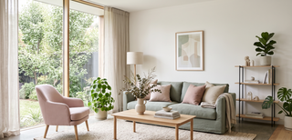 Inviting living room with a pastel sofa and coffee table.