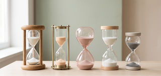 Range of sand timer hourglasses in different styles on a pastel backdrop.