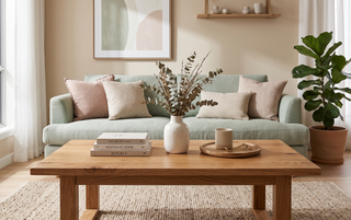 Solid wooden coffee table styled with books and a vase in a calm, elegant living room.