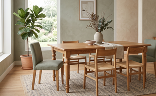 Solid timber dining table styled with a vase in a calm, elegant dining room.