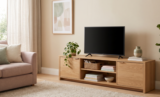 TV unit with storage styled with books and a plant in a calm, elegant living room.