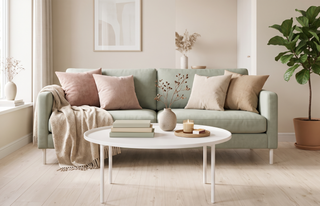 White coffee table styled with books and a vase in a calm, elegant living room.