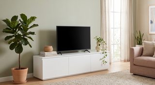 White TV unit styled with books and a plant in a calm, elegant living room.