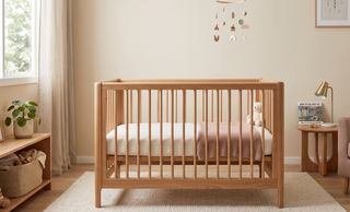 Wooden baby cot with pastel linen in a calm, elegant nursery.