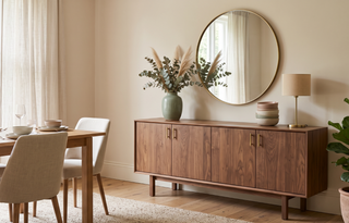 Wooden buffet sideboard styled with a vase and mirror in a calm, elegant dining room.