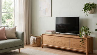 Wooden TV unit styled with books and a plant in a calm, elegant living room.