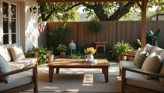 Modern outdoor patio with wooden furniture, lush green plants, and a cozy seating area