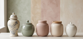 Range of decorative jars with lids in soft finishes on a pastel backdrop.