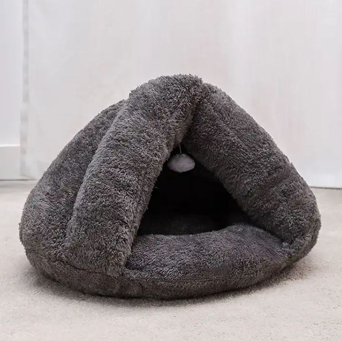 Plush Soft Warm Cat Cave Pet Bed With Hanging Ball