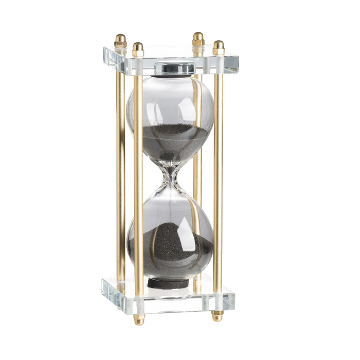 15-Minute Black Sand Hourglass with Clear Glass Stand & Gold Trim