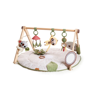 Wooden baby play gym with hanging plush toys and soft mat for infants