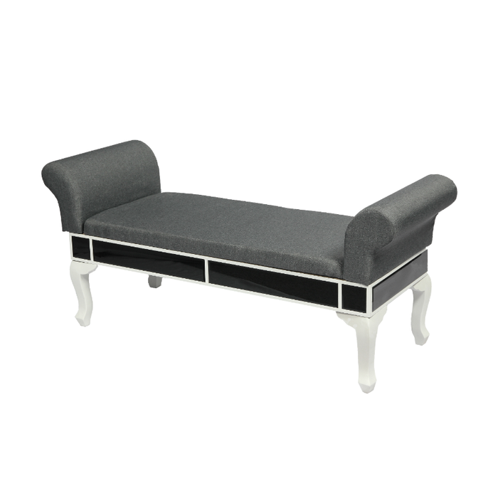 Stylish black bench reflecting elegance in a spacious home setting