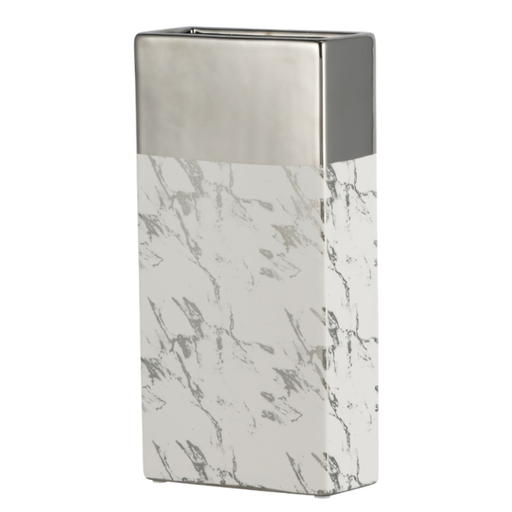 Elegant silver and white ceramic vase displaying a modern marble design.