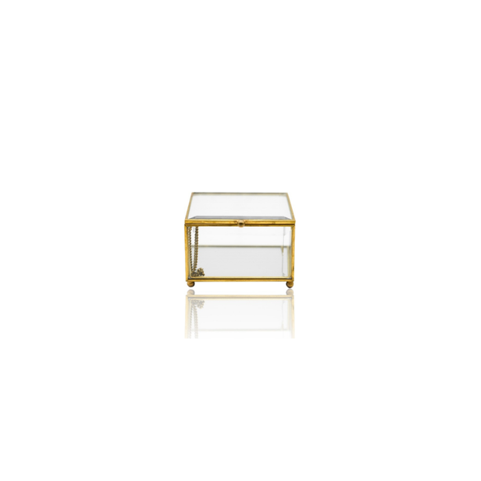 Antique brass and glass box displaying elegant jewellery