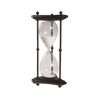 1-hour white sand hourglass with a bold 3-pillar black stand