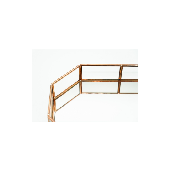 Elegant rose gold glass vanity tray with exquisite detailing