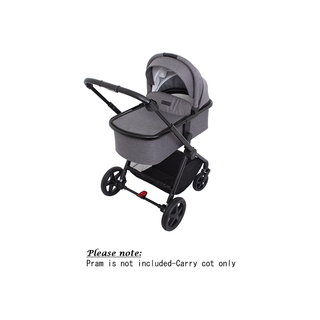 Grey baby carry cot with hood on stroller frame, pram not included disclaimer