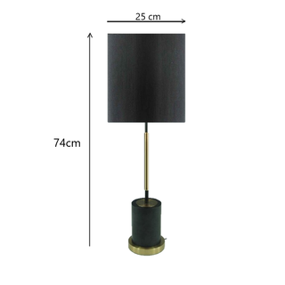 Size diagram showing 74 cm tall black and brass table lamp Australia design with 25 cm shade.