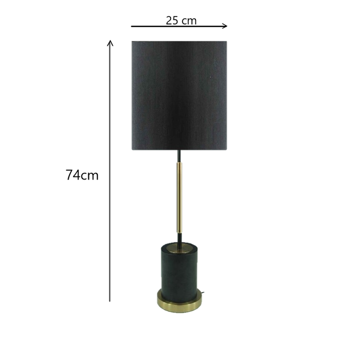 Size diagram showing 74 cm tall black and brass table lamp Australia design with 25 cm shade.