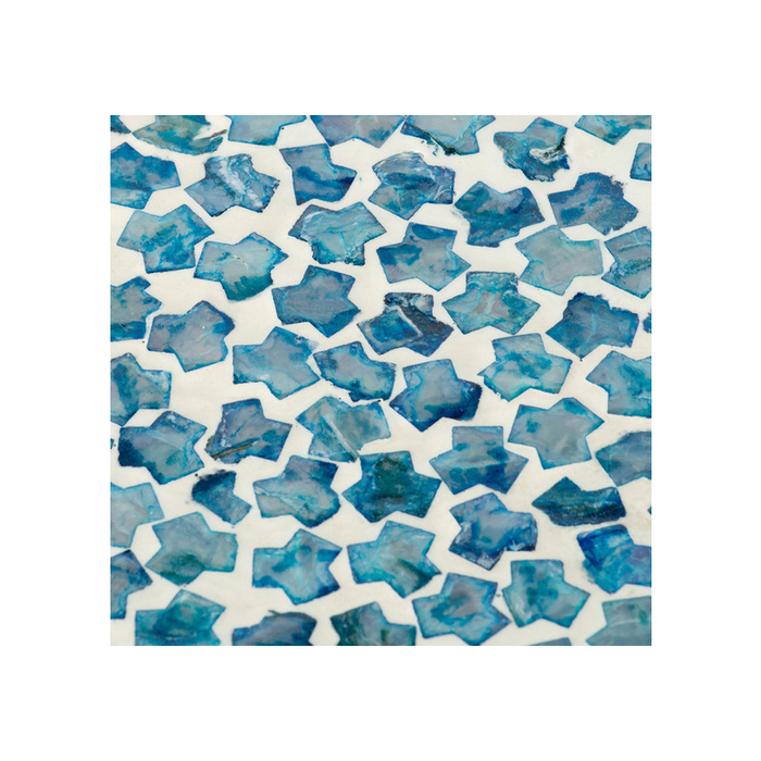 Close-up of the intricate shell pattern on the Sapphire Shores Mosaic Stool