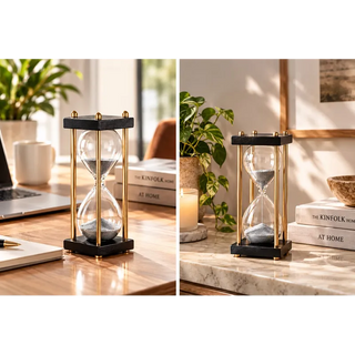 30 minute papin hourglass with black and silver sand on laptop desk and marble shelf