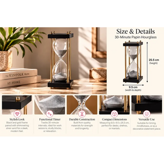 30 minute papin hourglass with black and silver sand size guide 9.5cm x 9.5cm x 25.5cm