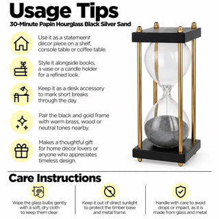 30 minute papin hourglass with black and silver sand usage tips and care instructions