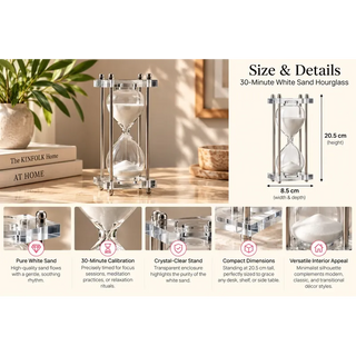 30 minute white sand hourglass in clear stand 20.5cm size guide and detail close ups