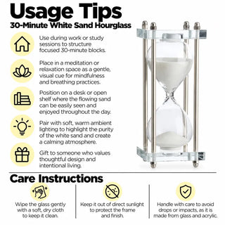 30 minute white sand hourglass in clear stand usage tips and care instructions