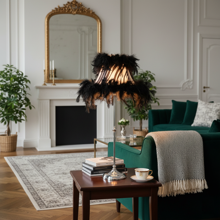 Chrome Metal Table Lamp – Black Furry Shade & Modern Accent Lighting