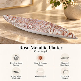 45cm rose metallic platter feature guide on stone console showing white spiral ridges